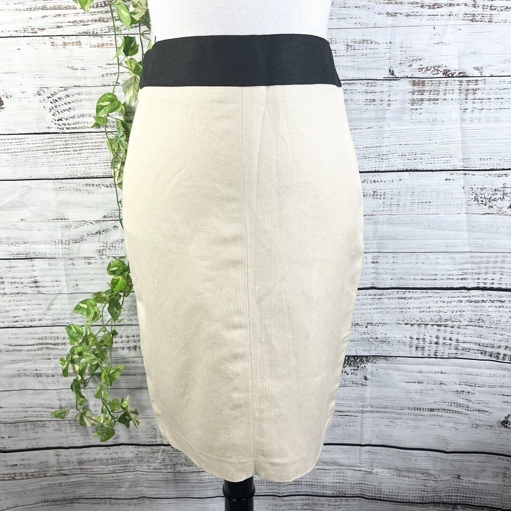 MNG Skirt size 6 Ivory Black Linen Straight Pencil Herringbone Knee Career Suit